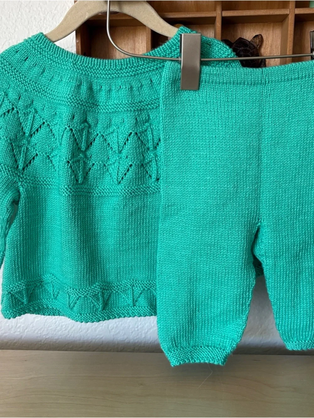 Hand-Knit Baby Cardigan & Pants Set - Bright Teal Turquoise